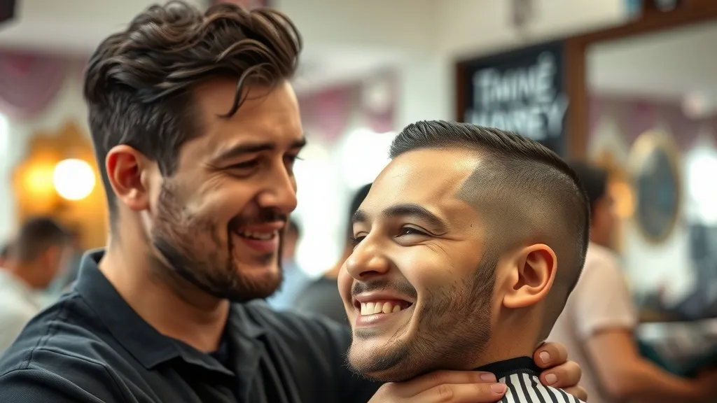 A barber cutting hair in a bright shop