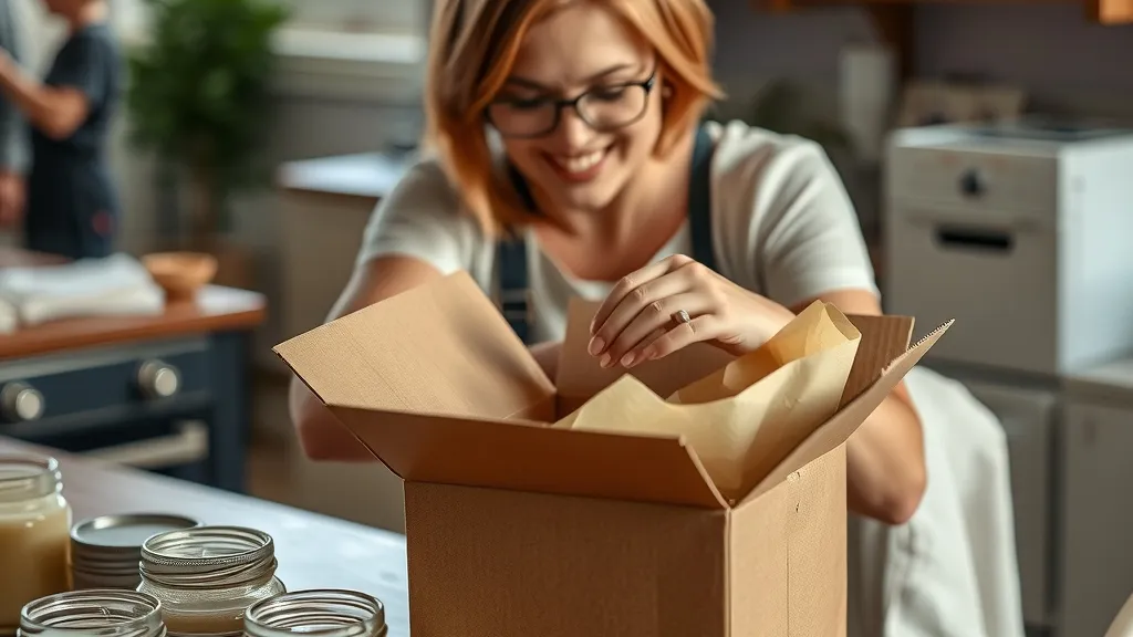 A home candle maker packing an order at her kitchen table