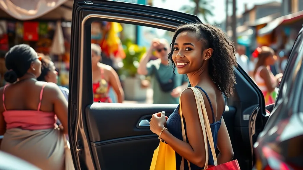 A woman stepping into a ride outside a market
