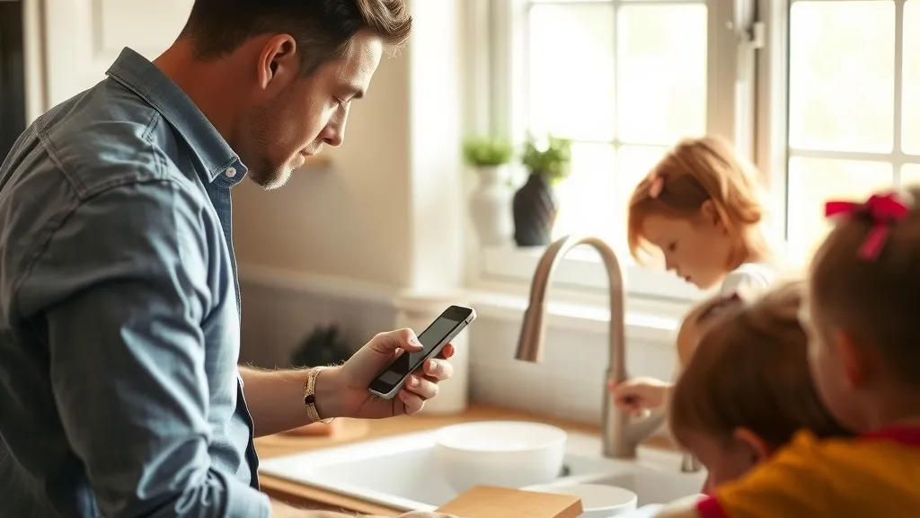 A dad washing dishes while talking to a phone on the windowsill