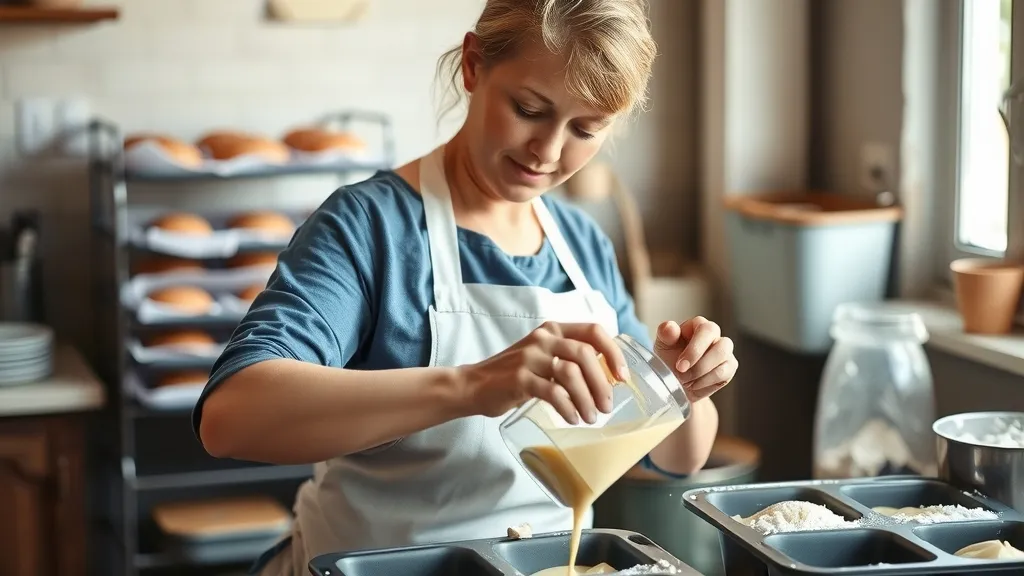 A baker pouring batter with flour on her hands