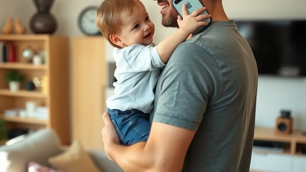 A dad sending a voice message while holding a toddler