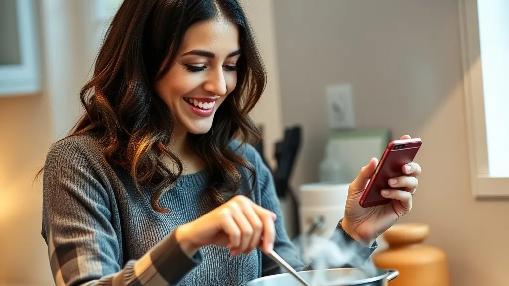 A woman cooking at the stove talking to her phone hands-free