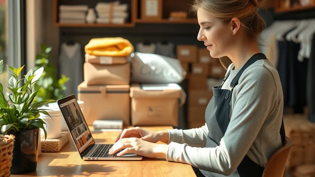 A shop owner looking at product photos on a laptop next to packed orders