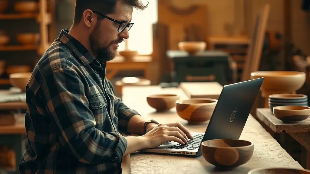 A small business owner working on a laptop in a workshop