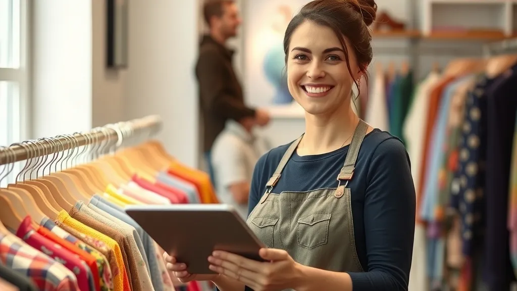 A boutique owner checking product details on a tablet