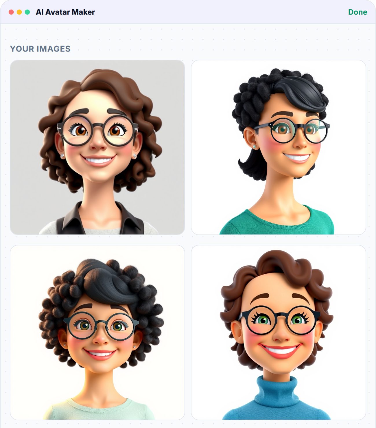 AI Avatar Maker result: four 3D cartoon avatars of a smiling woman with short curly hair and round glasses.