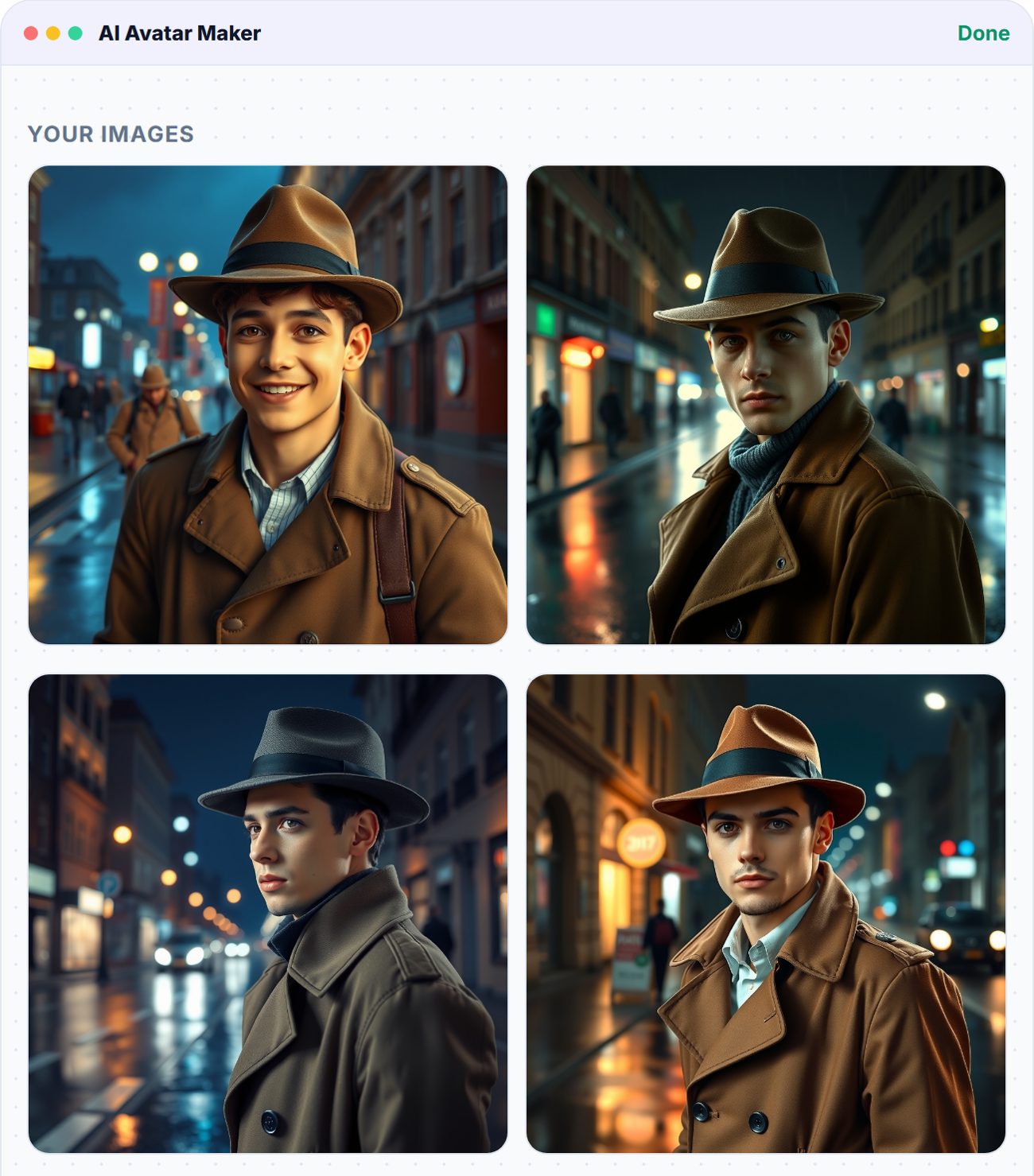 AI Avatar Maker result: four photoreal portraits of a young detective in a brown trench coat and hat on a rainy city street at night.