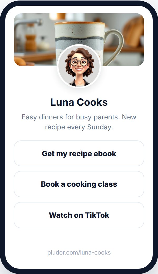 Free Link-in-Bio Page Builder preview on a phone: Luna Cooks, a home cook, with a cover photo, a short bio and buttons for a recipe ebook, a cooking class and TikTok, at pludor.com/luna-cooks.