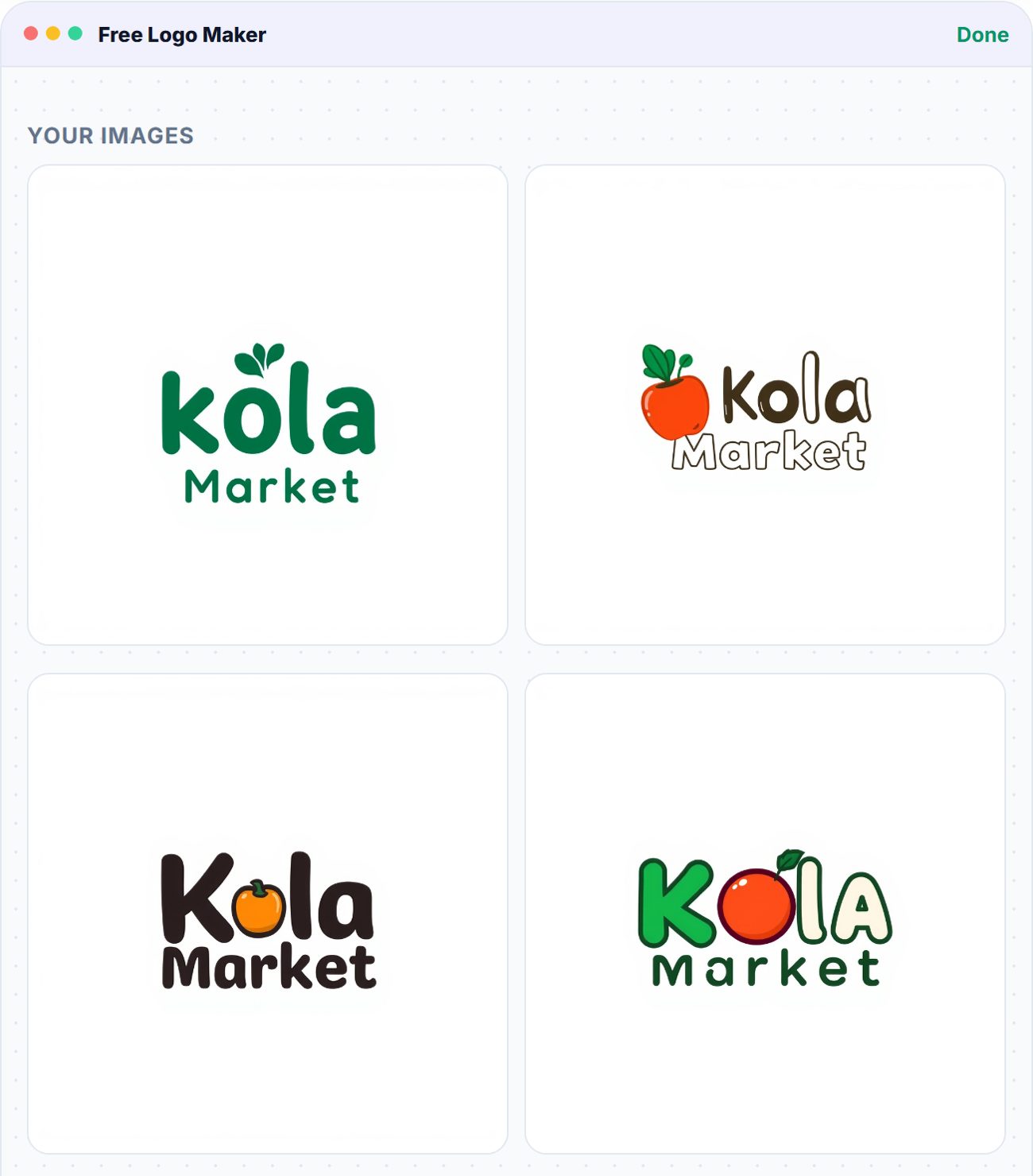 Free Logo Maker result: four playful logo designs for Kola Market, an online grocery store, with fruit in the lettering.