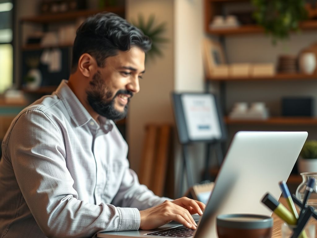 A shop owner at a laptop asking an AI assistant a question, a chat answer on the screen.