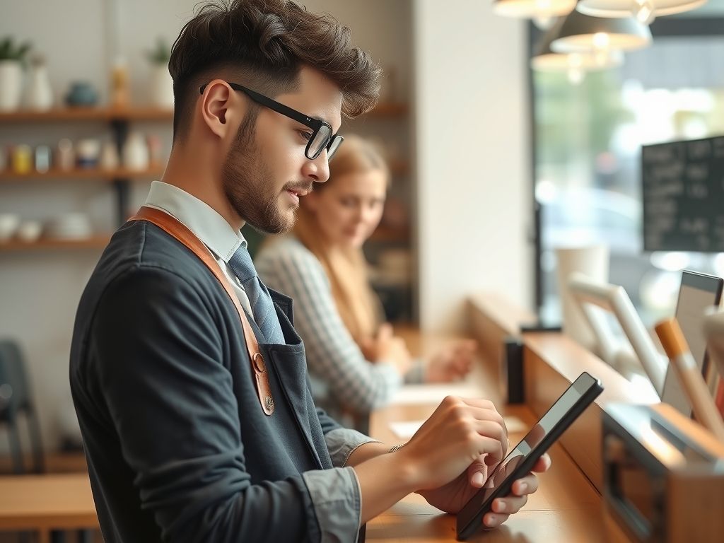 A small business owner at a cafe counter planning on a tablet.