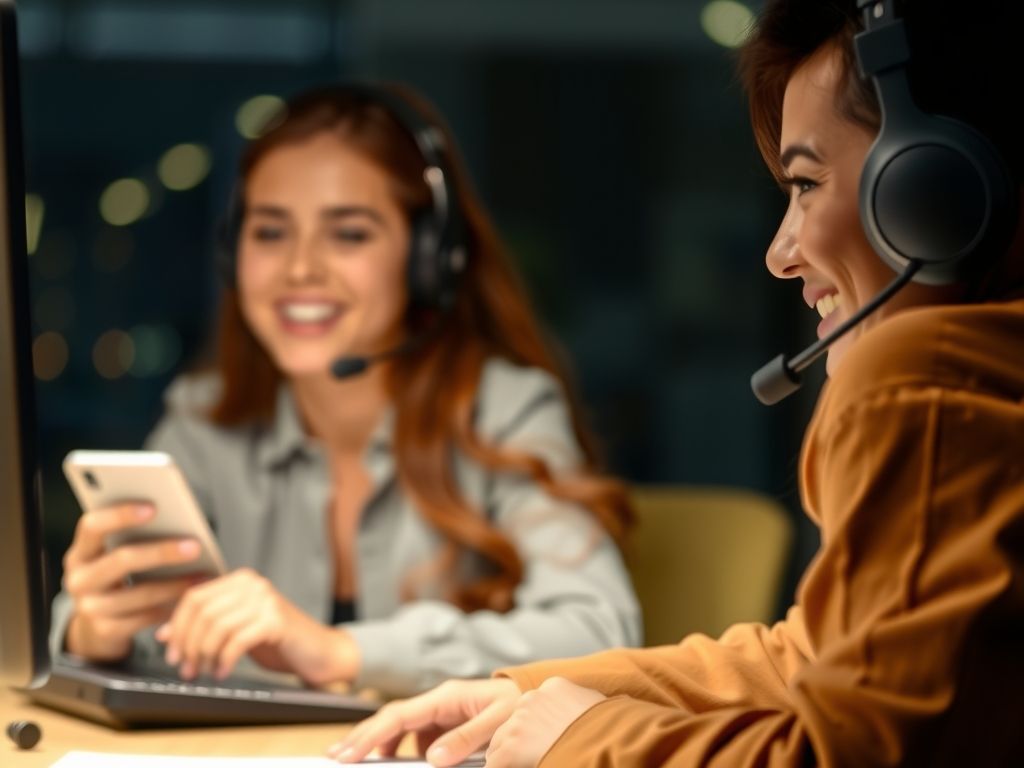 A friendly support headset beside a phone showing a customer chat at night.