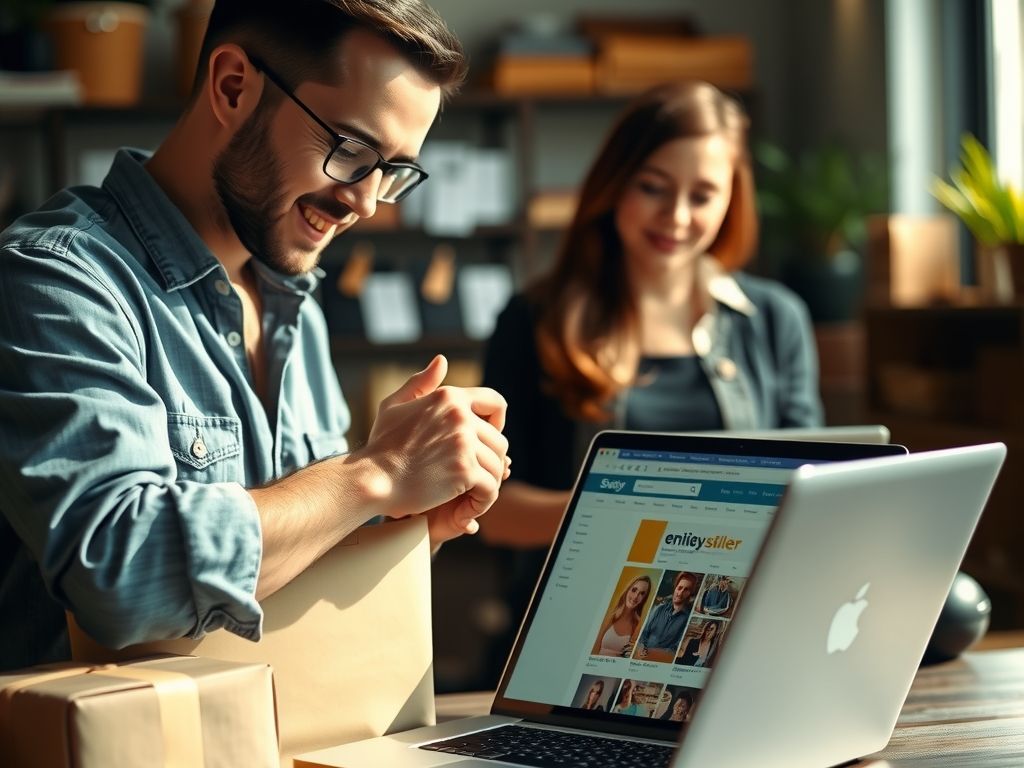 An independent seller packing an order next to a laptop showing an online store.