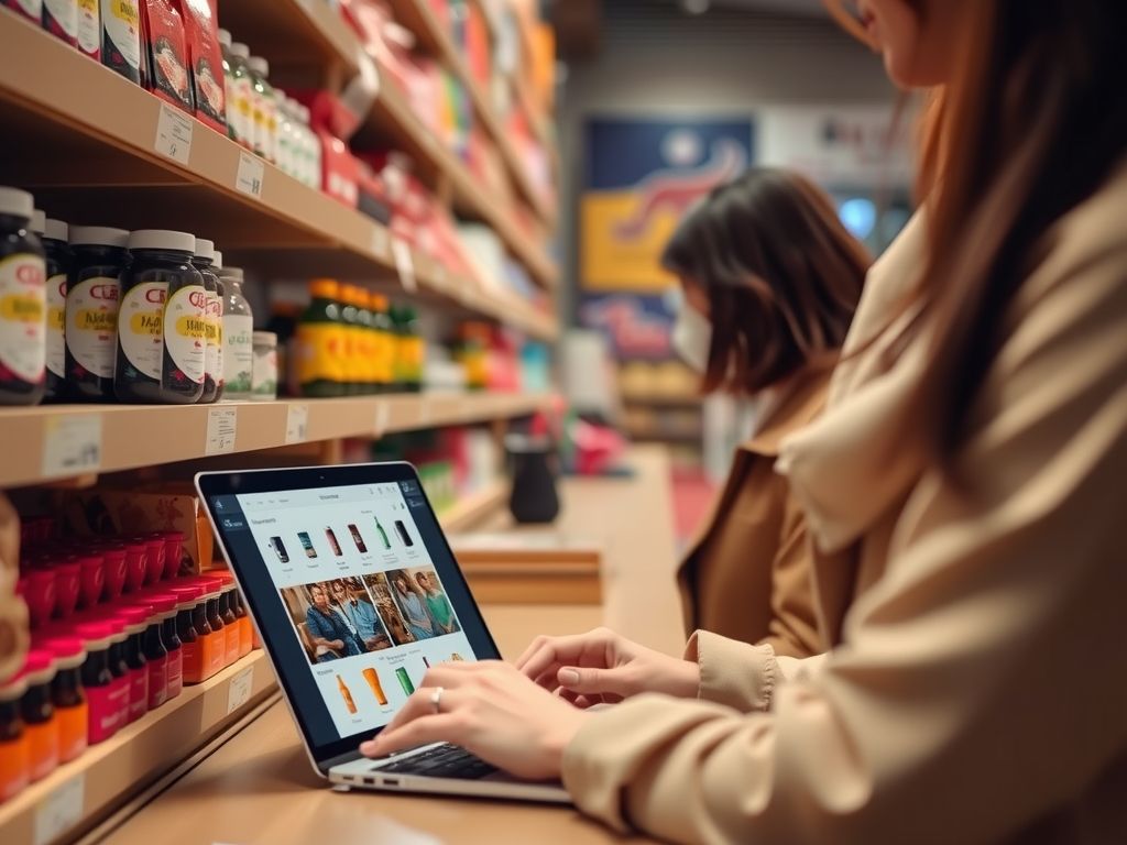 Neat rows of products on shelves with a laptop showing a product catalogue.