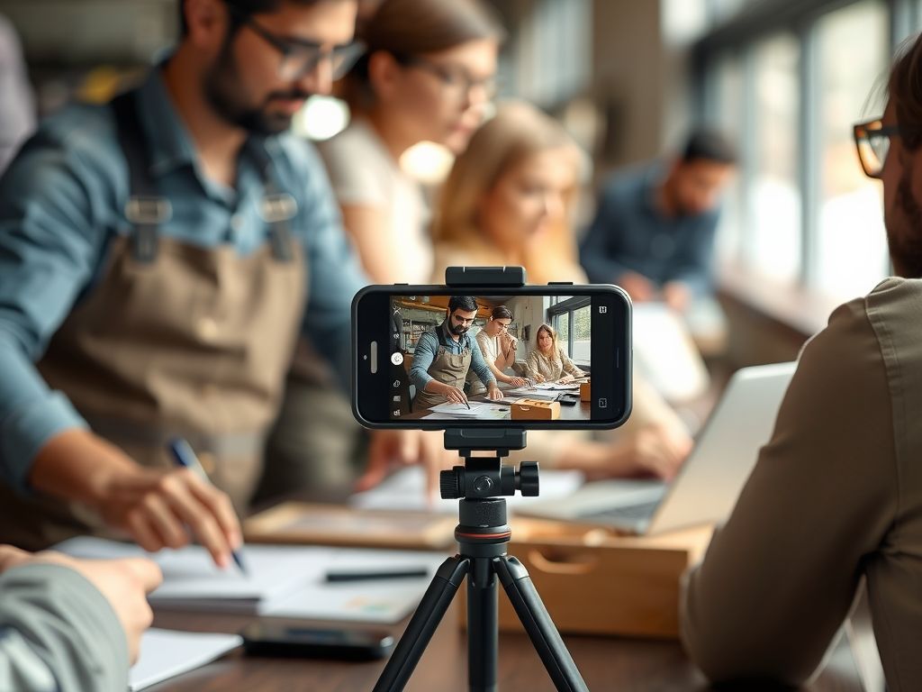 A seller filming a product on a phone propped on a small tripod at a table.