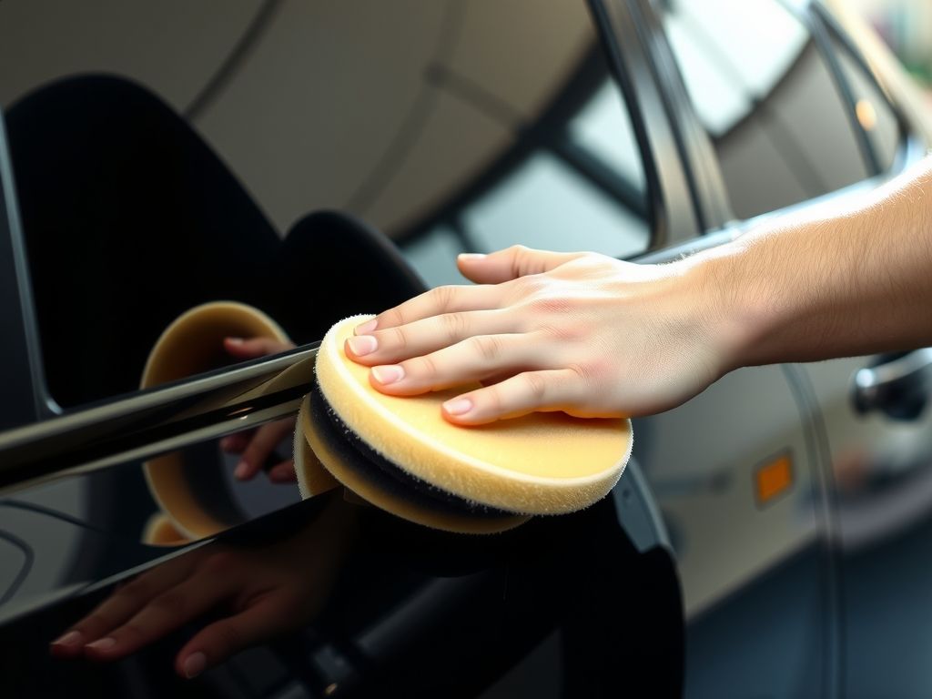 A car detailer polishing a shiny black car with a foam pad.