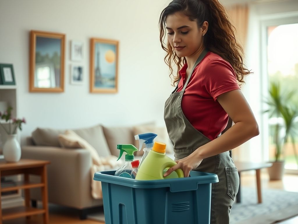 A professional house cleaner with a caddy of supplies in a bright living room.