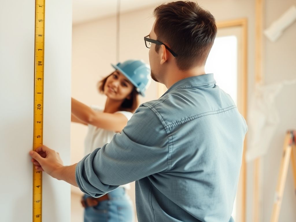 A contractor measuring a wall with a tape measure in a house being renovated.