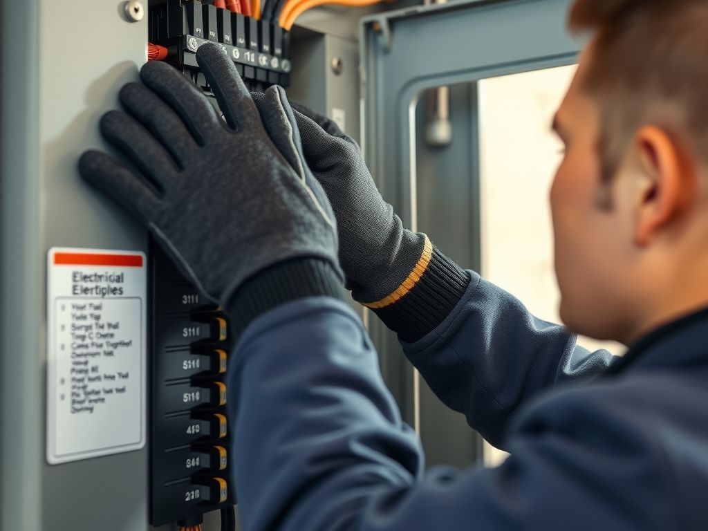An electrician working on an open breaker panel wearing safety gloves.