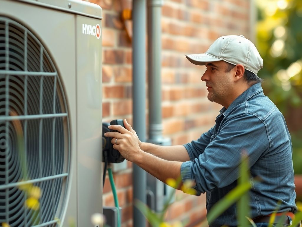 An HVAC technician servicing an outdoor air conditioning unit.