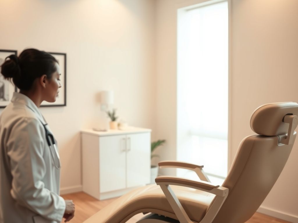 A calm med spa treatment room with a reclining chair and soft lighting.