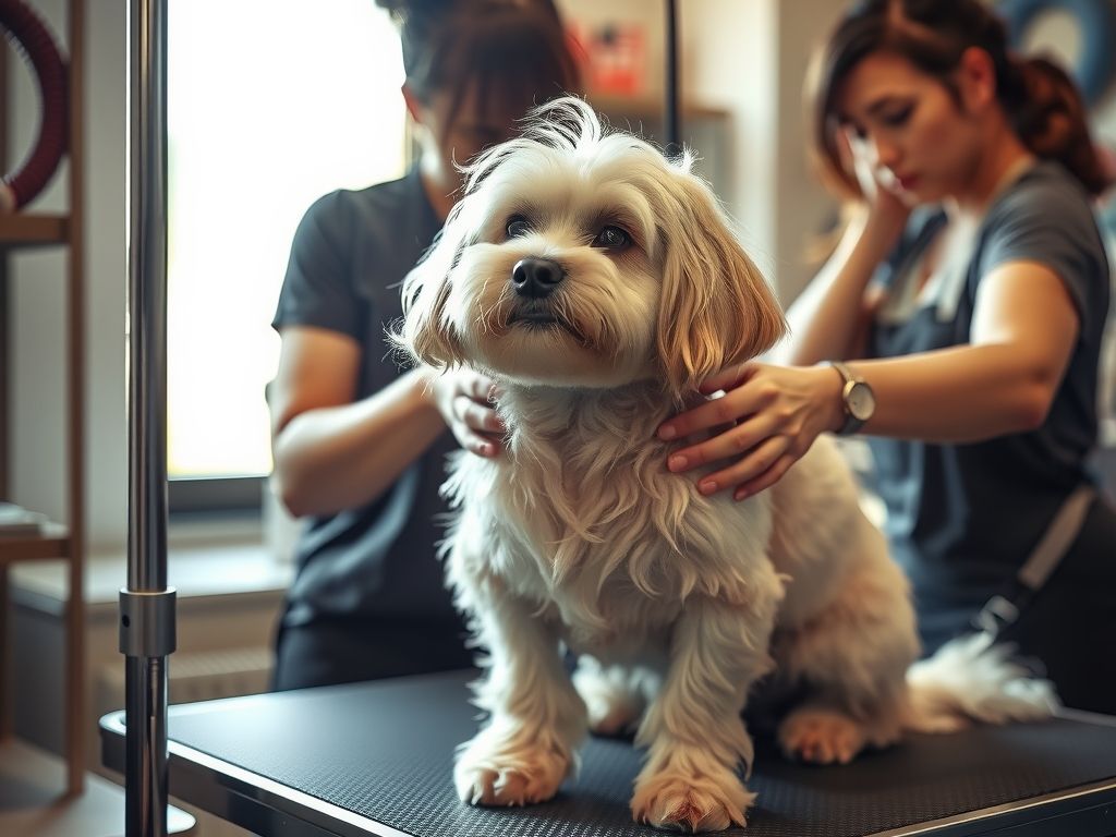 A pet groomer drying a fluffy dog on a grooming table.