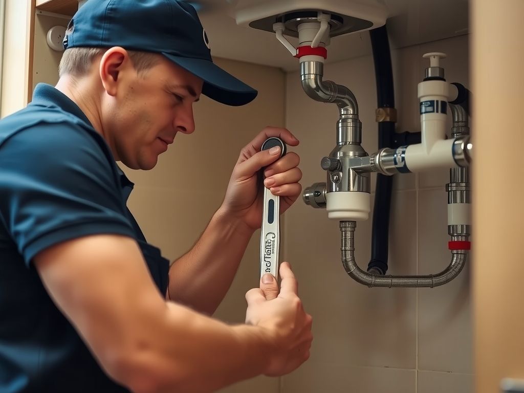 A plumber fixing pipes under a kitchen sink with a wrench.
