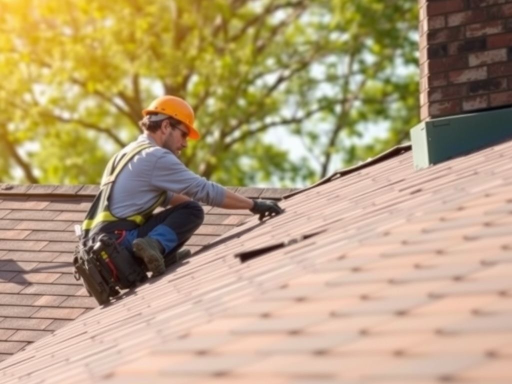 A roofer laying shingles on a house roof on a sunny day.