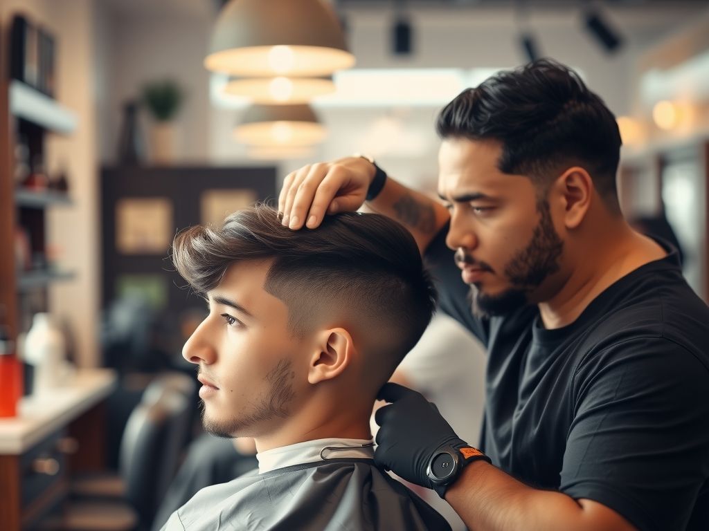 A barber giving a fade haircut in a modern barbershop.