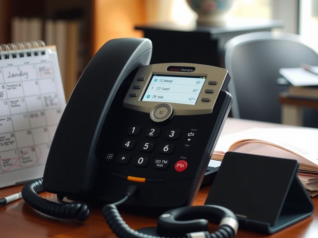 A small business phone ringing on a desk with a calendar beside it.
