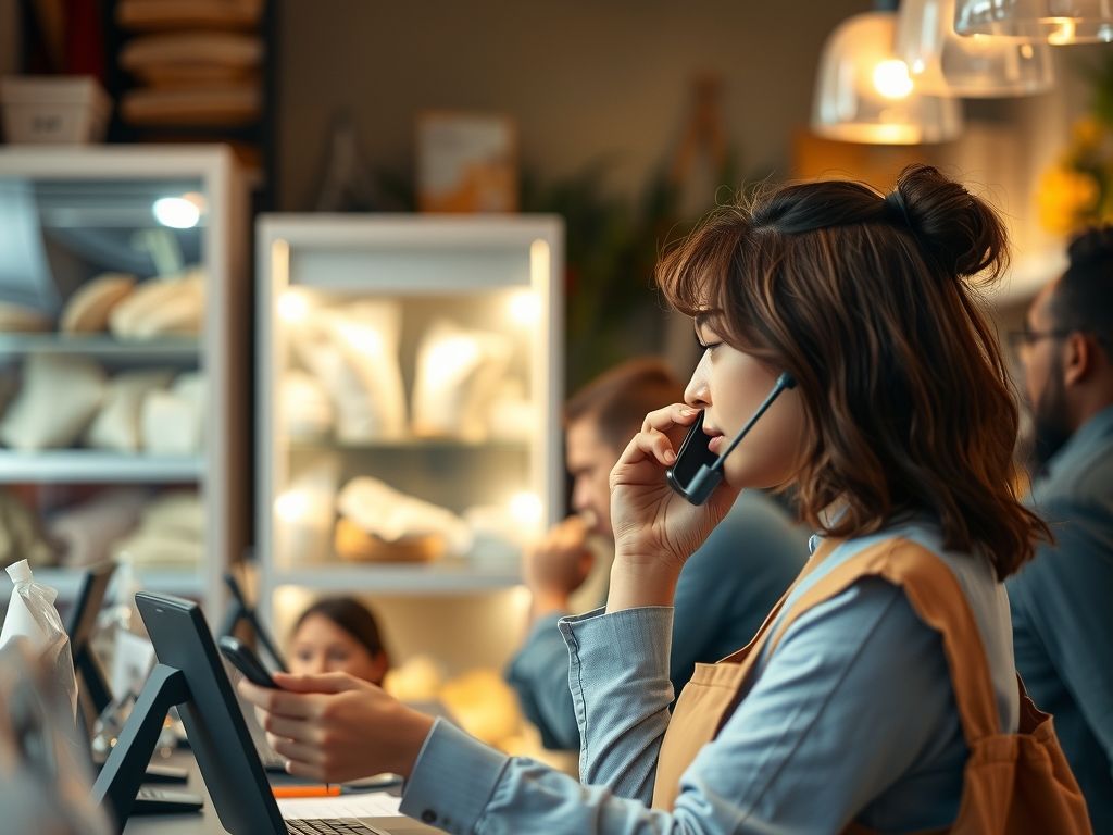 A shop owner replying to customer messages on a phone behind a counter.