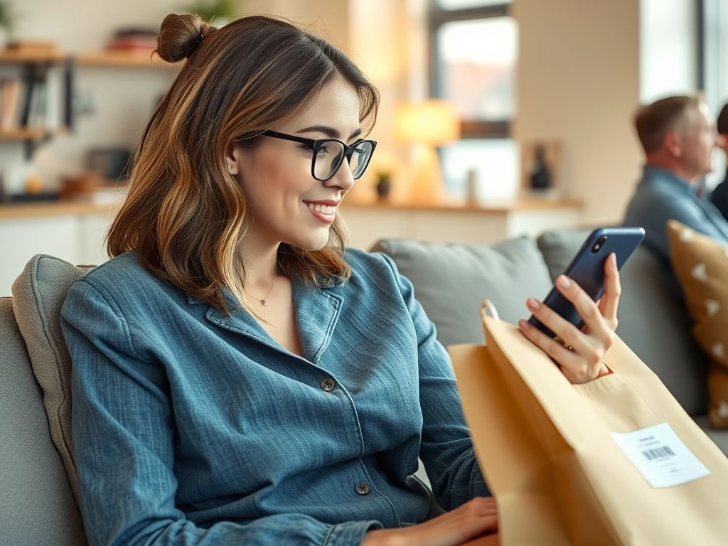 A shopper on a sofa asking an AI assistant on her phone what to buy.