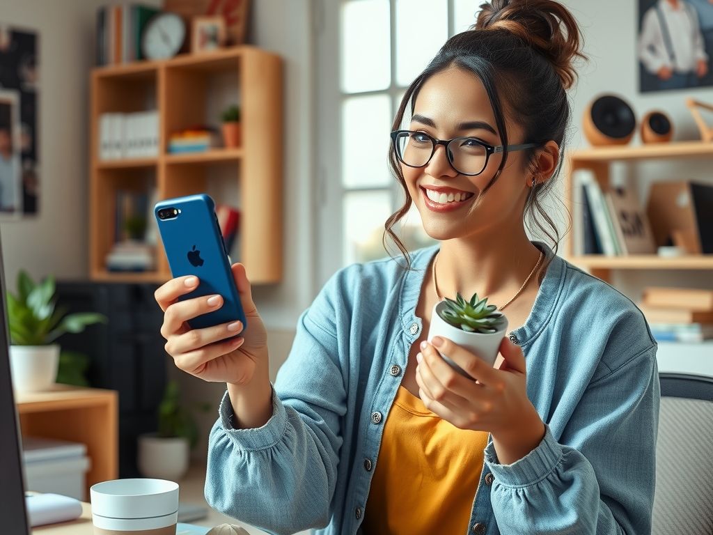 A creator holding up her merch and phone in a home studio.