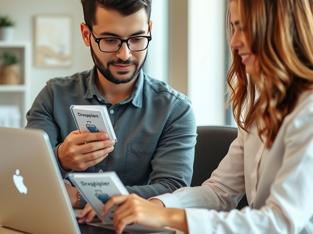 A dropshipper comparing product samples next to a laptop showing a supplier page.