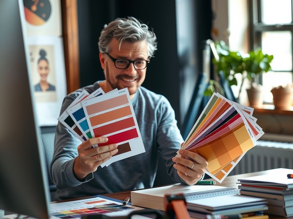 A founder holding colour swatches and packaging samples at a desk, choosing a brand look.