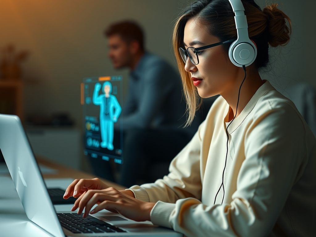 A creator looking at an AI avatar of herself on a laptop.