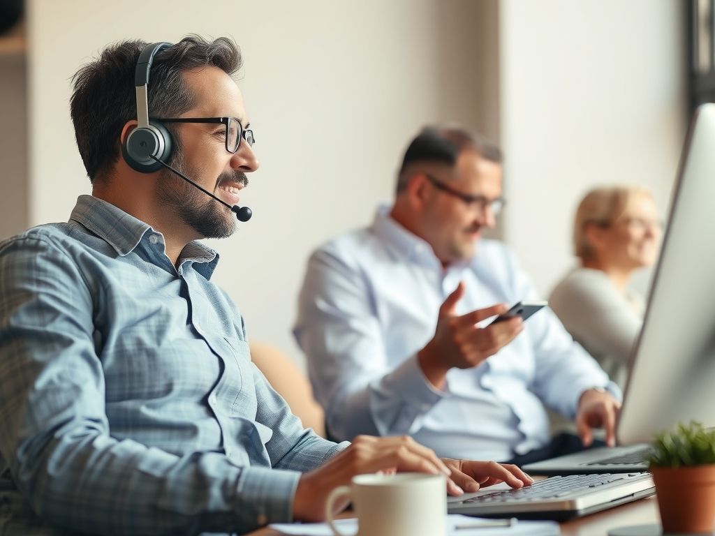 A business owner relaxing while an AI handles calls on a phone.
