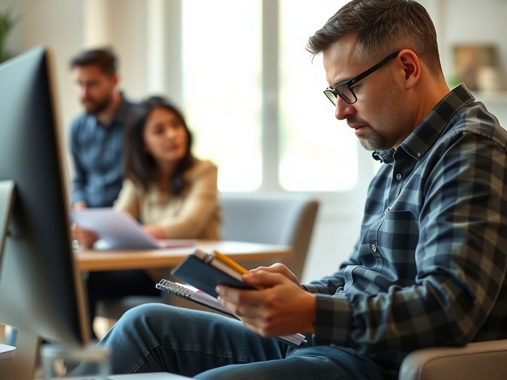A small business owner taking notes during an online class.