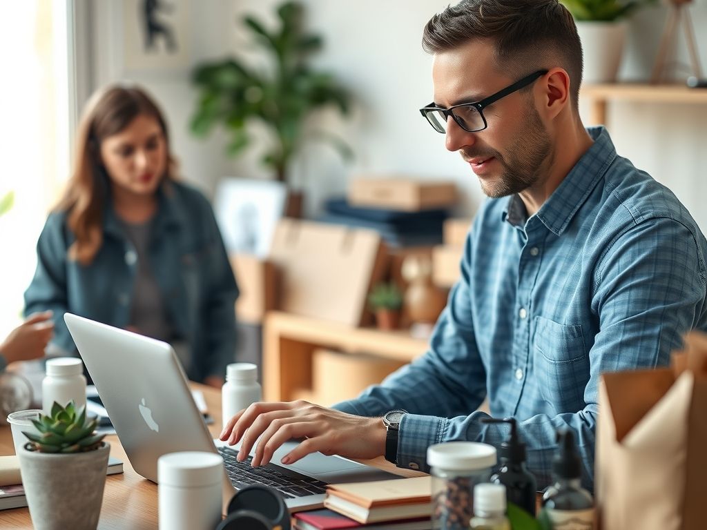 A seller creating product content on a laptop surrounded by products.