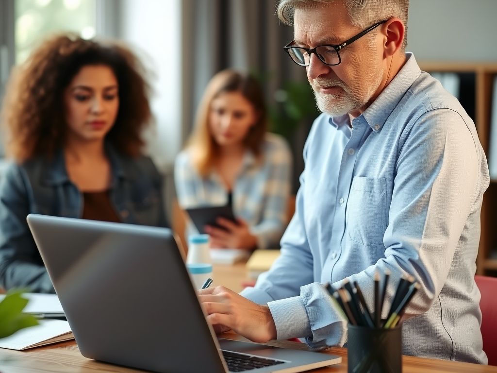 A teacher planning a course on a laptop with notes.