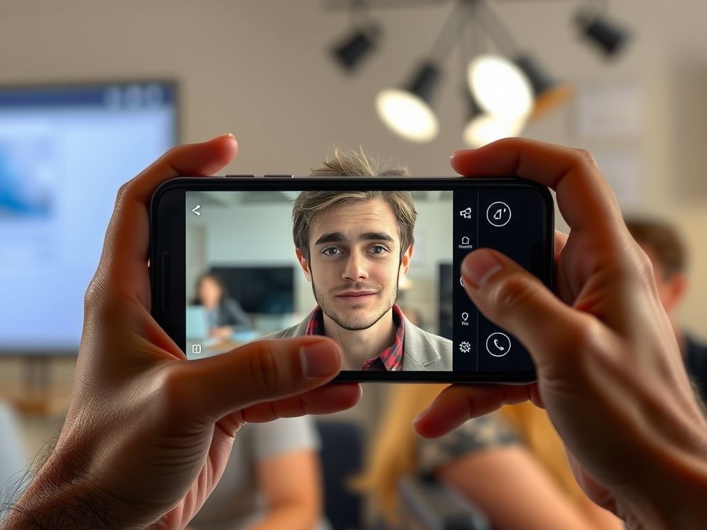 A creator recording a video with a face shown on a phone screen.