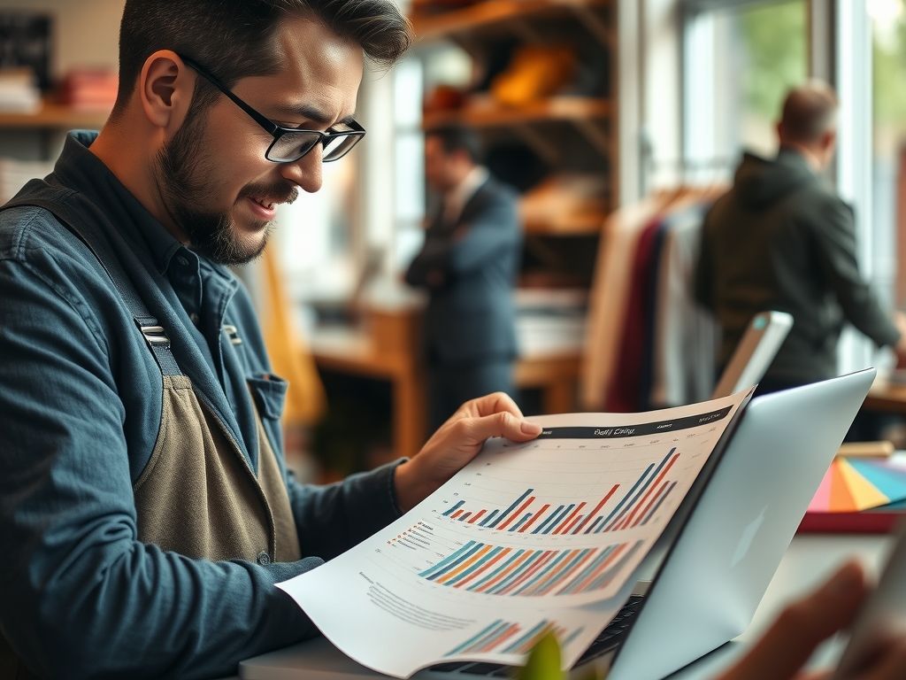A shop owner studying a sales chart on a laptop.