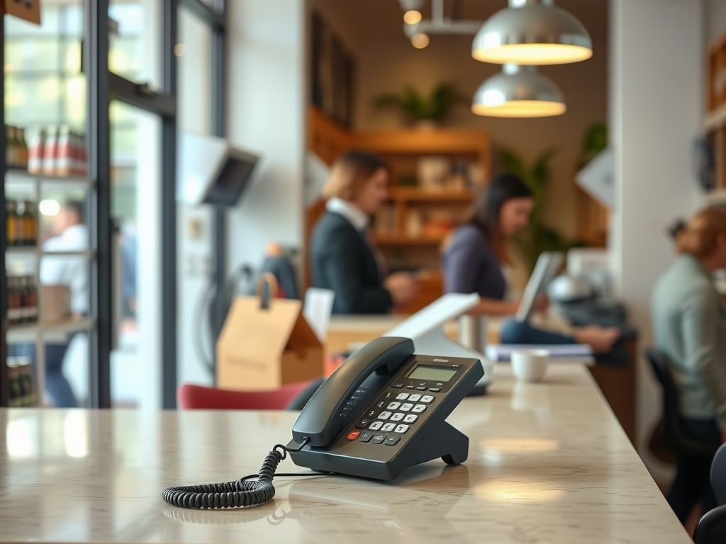 A phone ringing on an empty shop counter.