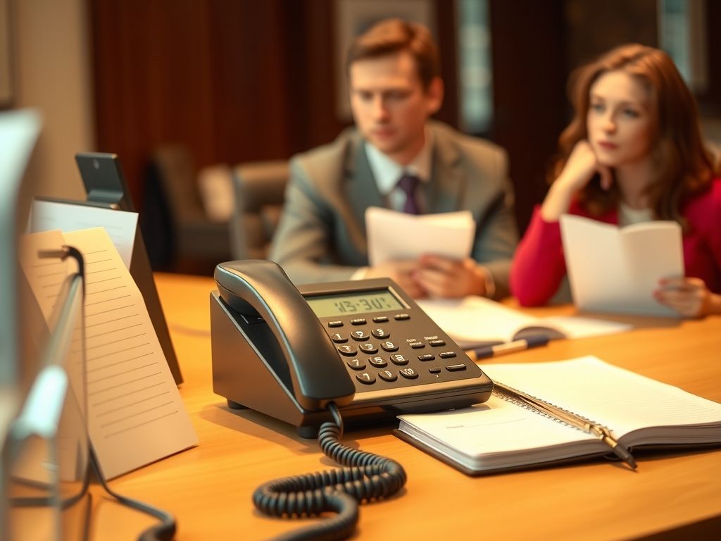 A receptionist desk with a ringing phone and appointment book.