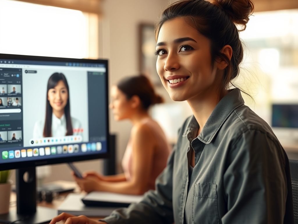 A creator next to a screen showing an avatar version of herself.