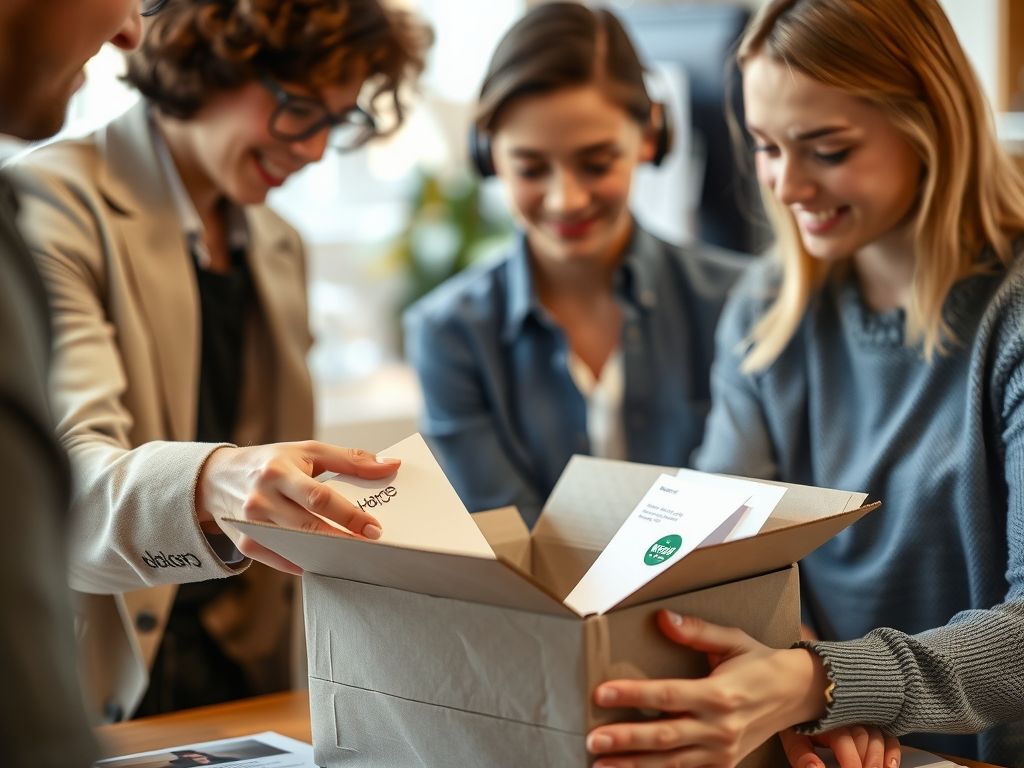 A seller unboxing a plain grey parcel of product samples at a desk.