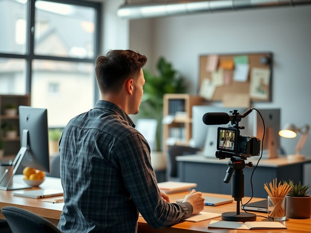 A creator recording a course video at a desk.