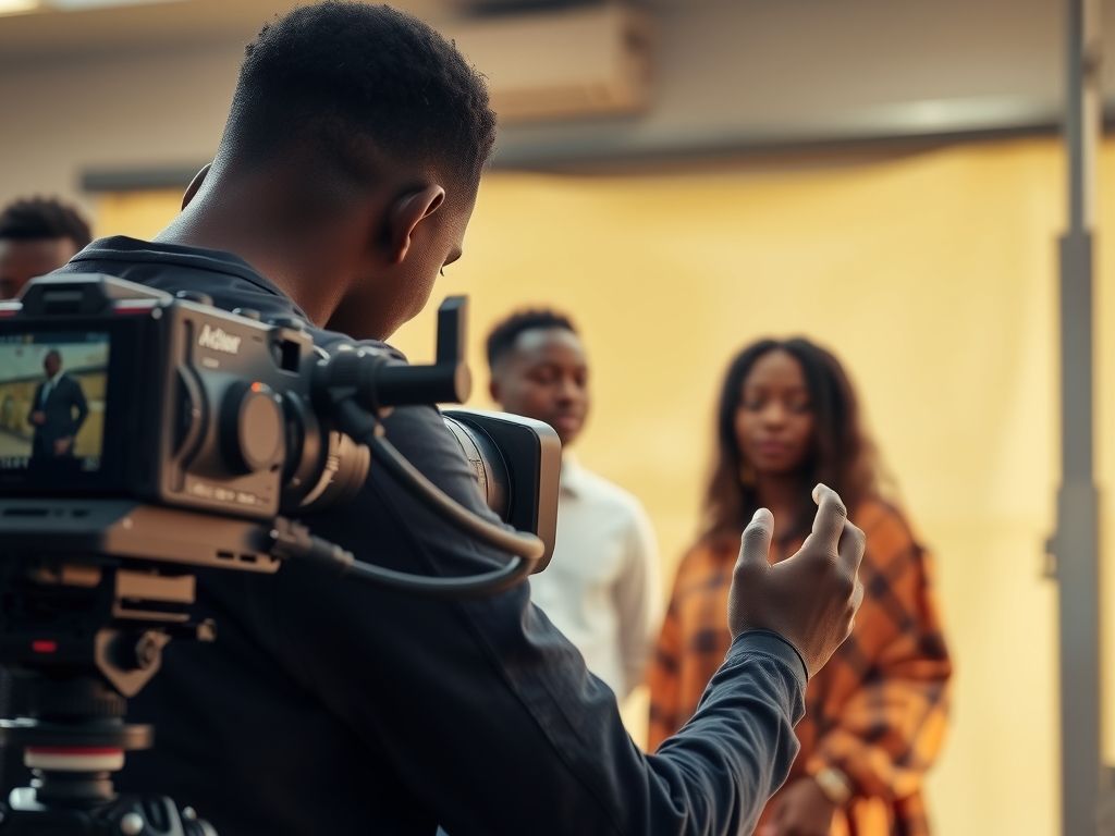 A Nigerian fashion creator filming an outfit video in Lagos.
