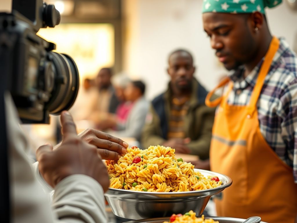 A Nigerian food creator filming jollof rice being served.